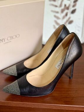 Jimmy Choo Black Leather Pointed Toe Pumps with Studded Cap